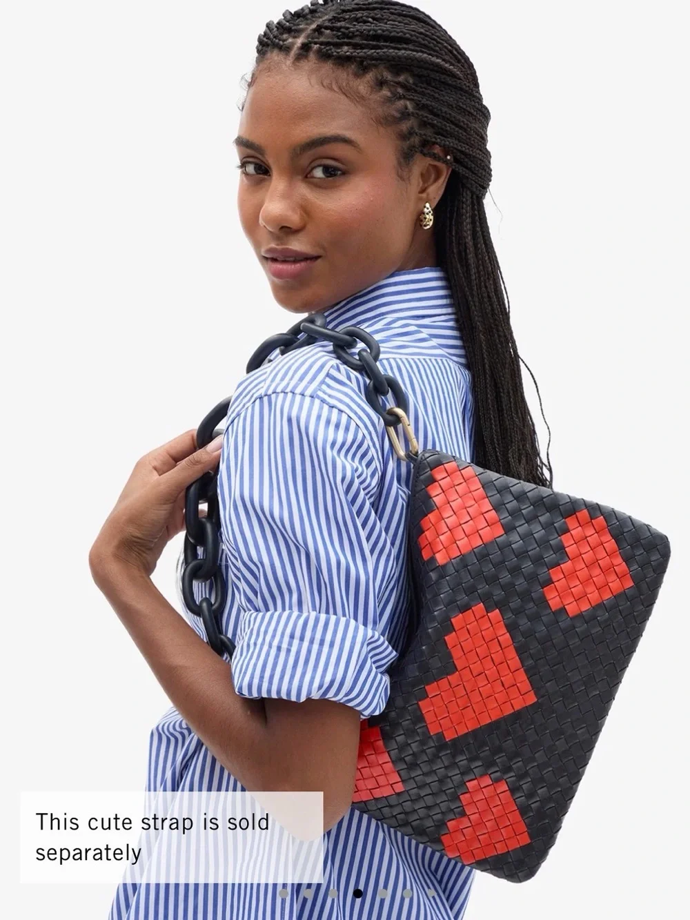 Clare V Flat Clutch w/ Tabs Twilight Navy/Bright Poppy Hearts Diagonal Woven NWT